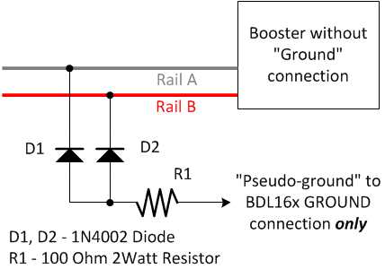 Image showing circuit to generate a pseudo-ground from a command station without a 'ground' connection