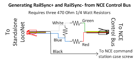Image showing circuit to create Standalone LocoNet RailSync from NCE Control Bus Control+/-