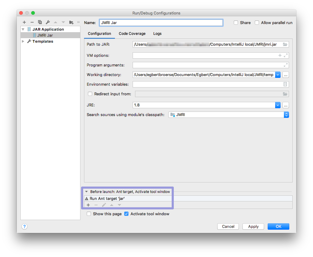 IntelliJ Debug/Run Configuration - Edit New Config pane
