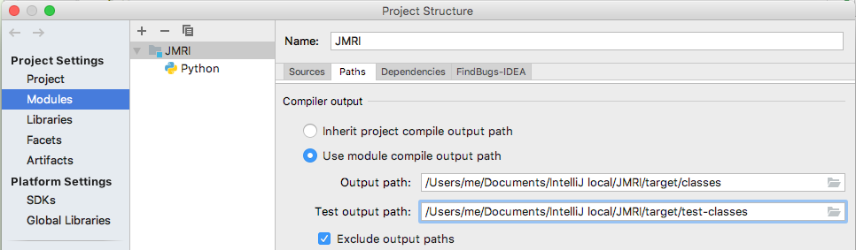 JMRI Project Settings - Build - Compiler Output Paths screen