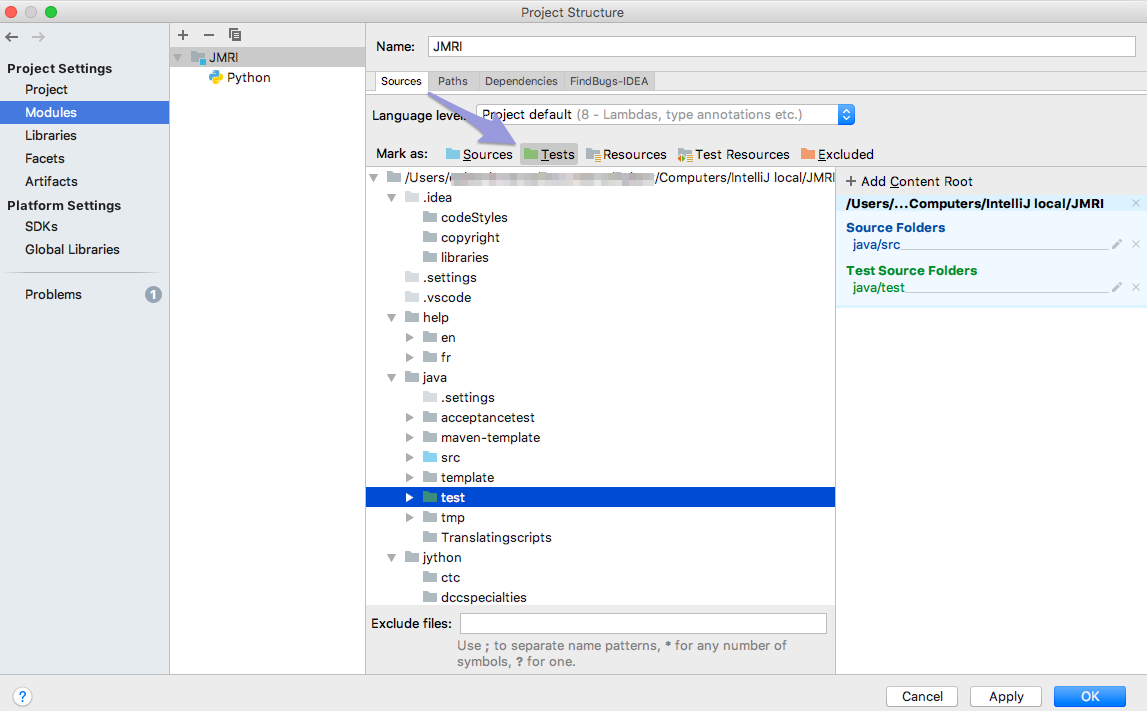 IntelliJ Project Setting Sources tab - tests