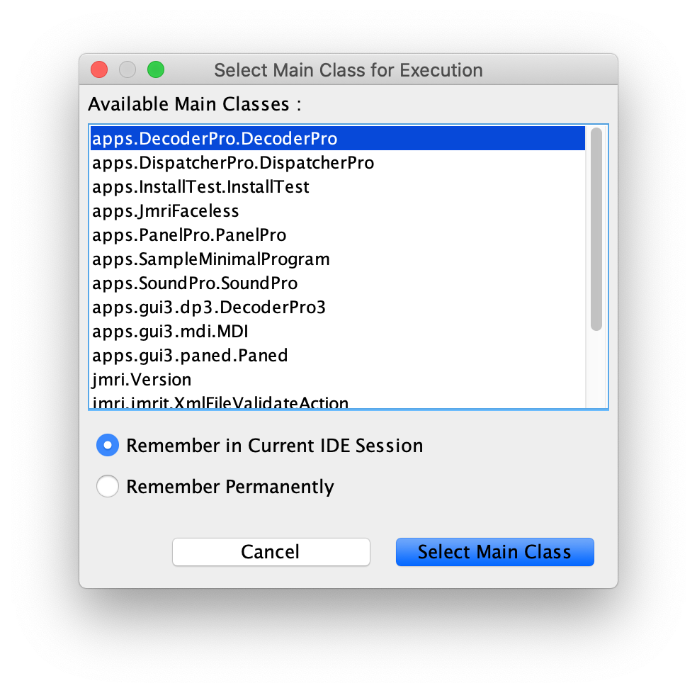Select Main Class for Execution dialog