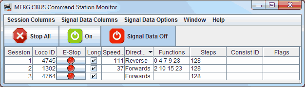 CBUS Command Station Monitor Session Columns