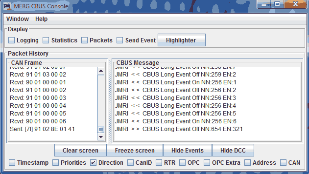 Initial Merg Cbus Console Tool Screen