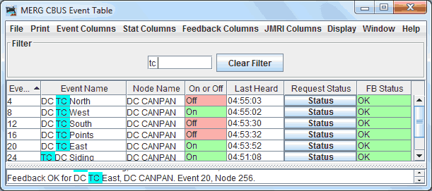 CBUS Event Table Filter