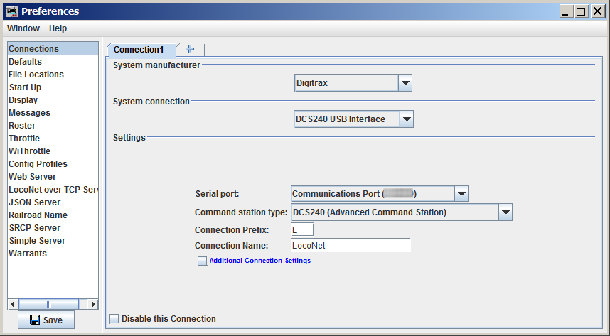 Sample configuration profile with DCS240 USB interface as a LocoNet interface
