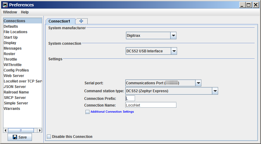 Sample configuration profile with DCS52 USB interface as a LocoNet interface