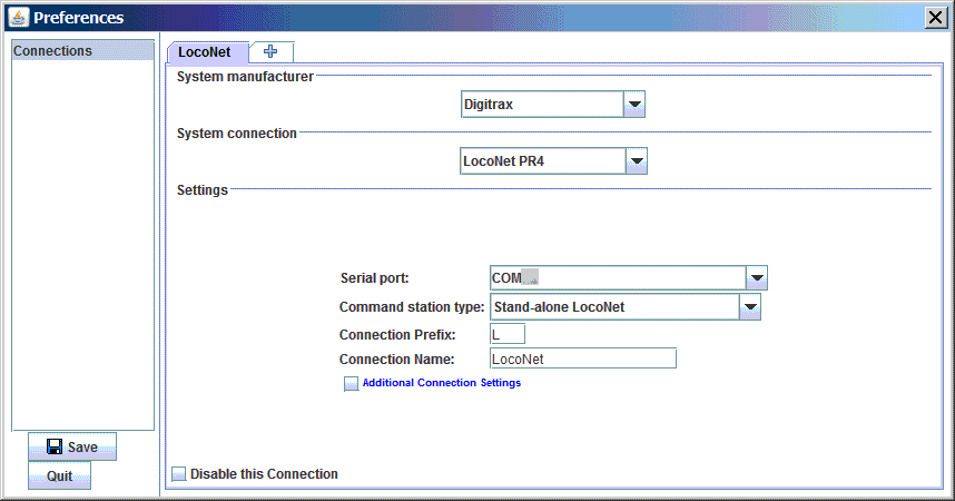 Sample configuration profile with PR4 as a Standalone LocoNet Interface