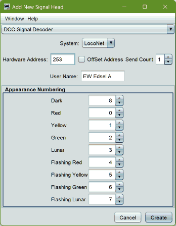 Example of the add signal head window when adding a DCC controlled Signal Head