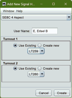 Example of configuring
             a JMRI Signal Head for a SE74 configured for SE8C-compatible signaling mode