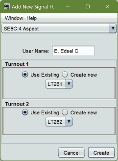 Example of configuring
             a JMRI Signal Head for a SE74 configured for SE8C-compatible signaling mode