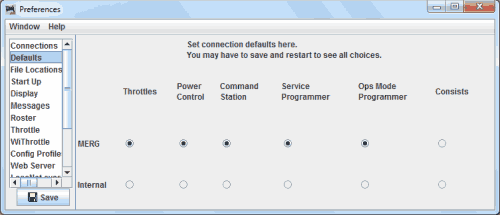 JMRI MERG CONNECTION DCC DEFAULT PREFERENCES