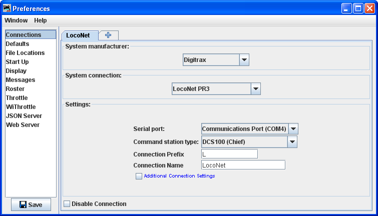 JMRI Preferences - Connections tab