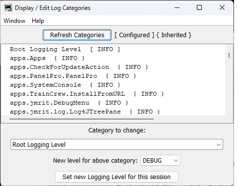 JMRI Display / Edit Log Categories Tool