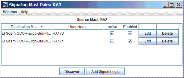 an example showing the signal mast logic for the properly-discovered route from signal mast RA2 to signal mast RA173.