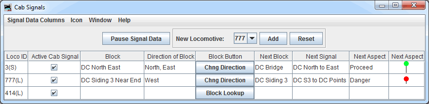 JMRI Cab Signal Data Send Window