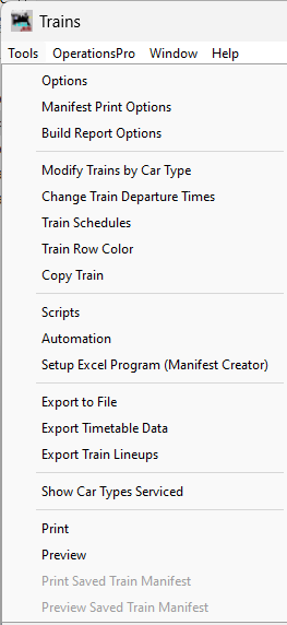 Operations Trains window Tools Menu