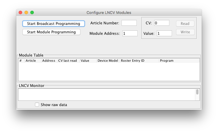 Initial view of LNCV Programming Tool pane