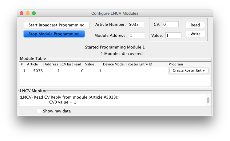 Manage LNCV Modules tool pane with Article and Address filled in
