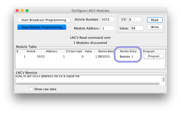 LNCV Programming Tool found a Decoder Entry and
      shows Program button