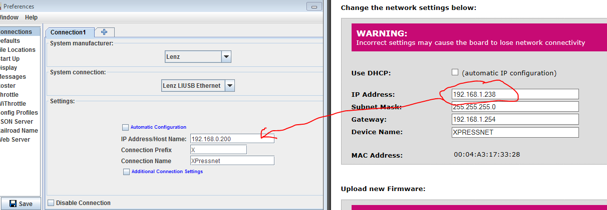 JMRI Configuration screen and LIUSB-Ethernet Configuration screen demonstrating the IP address to be copied.