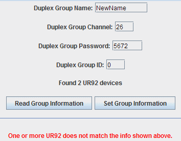 Display when UR92s have non-matching Duplex Group identity information